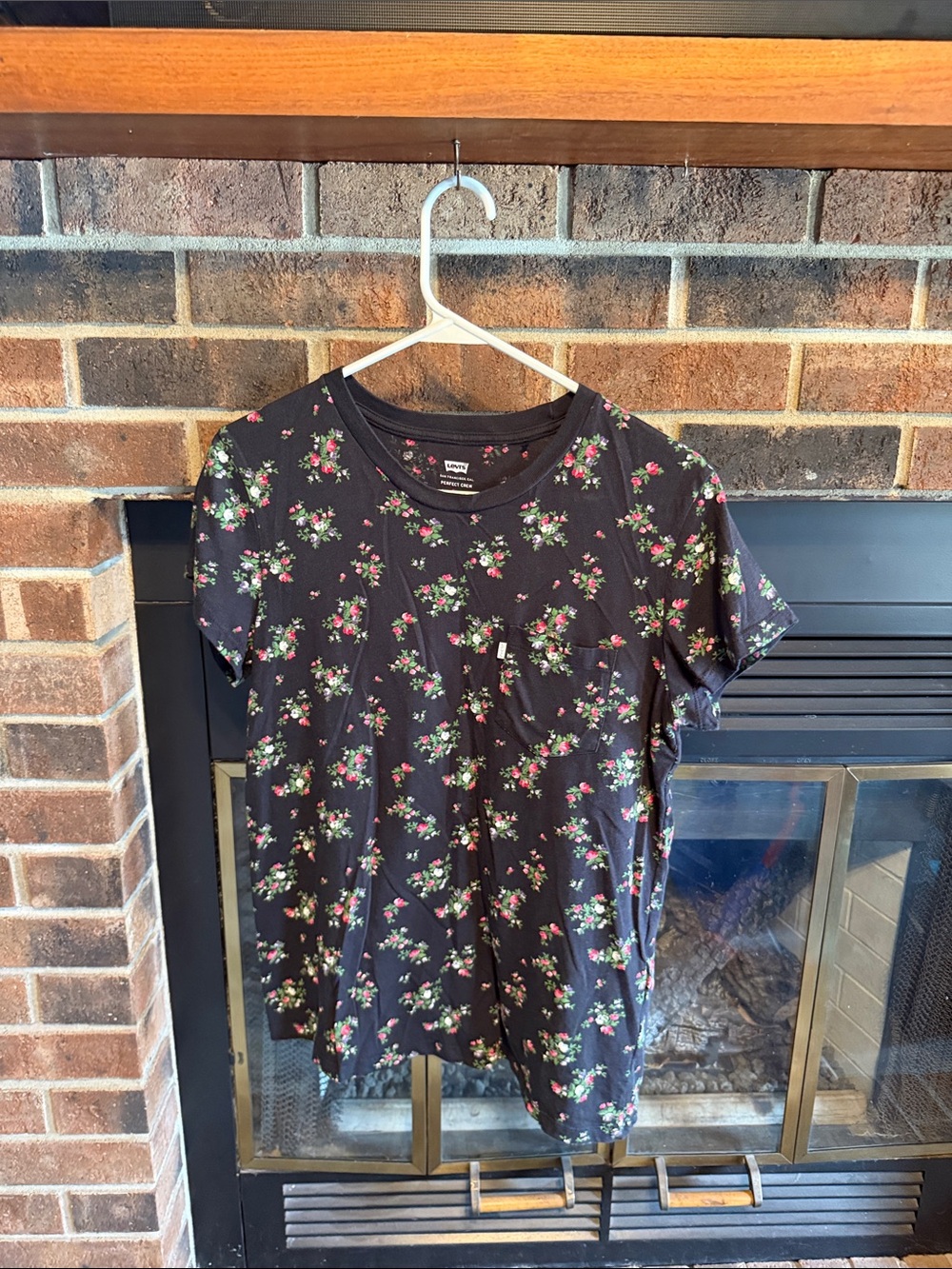 Levi's Black Floral Pocket Tee with Pink & Green Accents